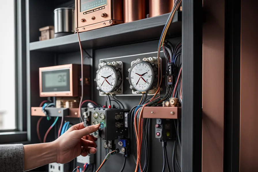 Main réglant une horloge modulaire dans un tableau électrique de garage.