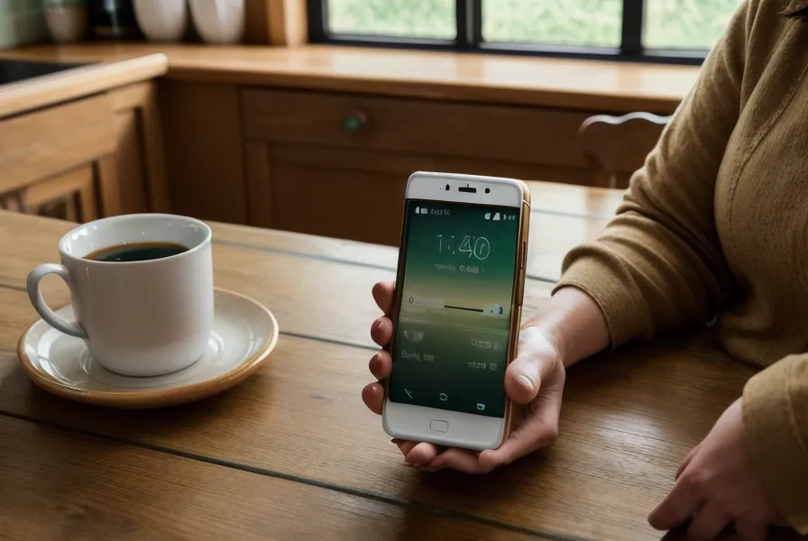 Smartphone affichant un graphique de production d'énergie sur une table de cuisine en bois